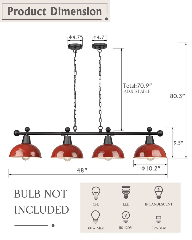 48 Billiard Light, Black Pool Table Light for 7ft/8ft Table, 4-Light Kitchen Isl