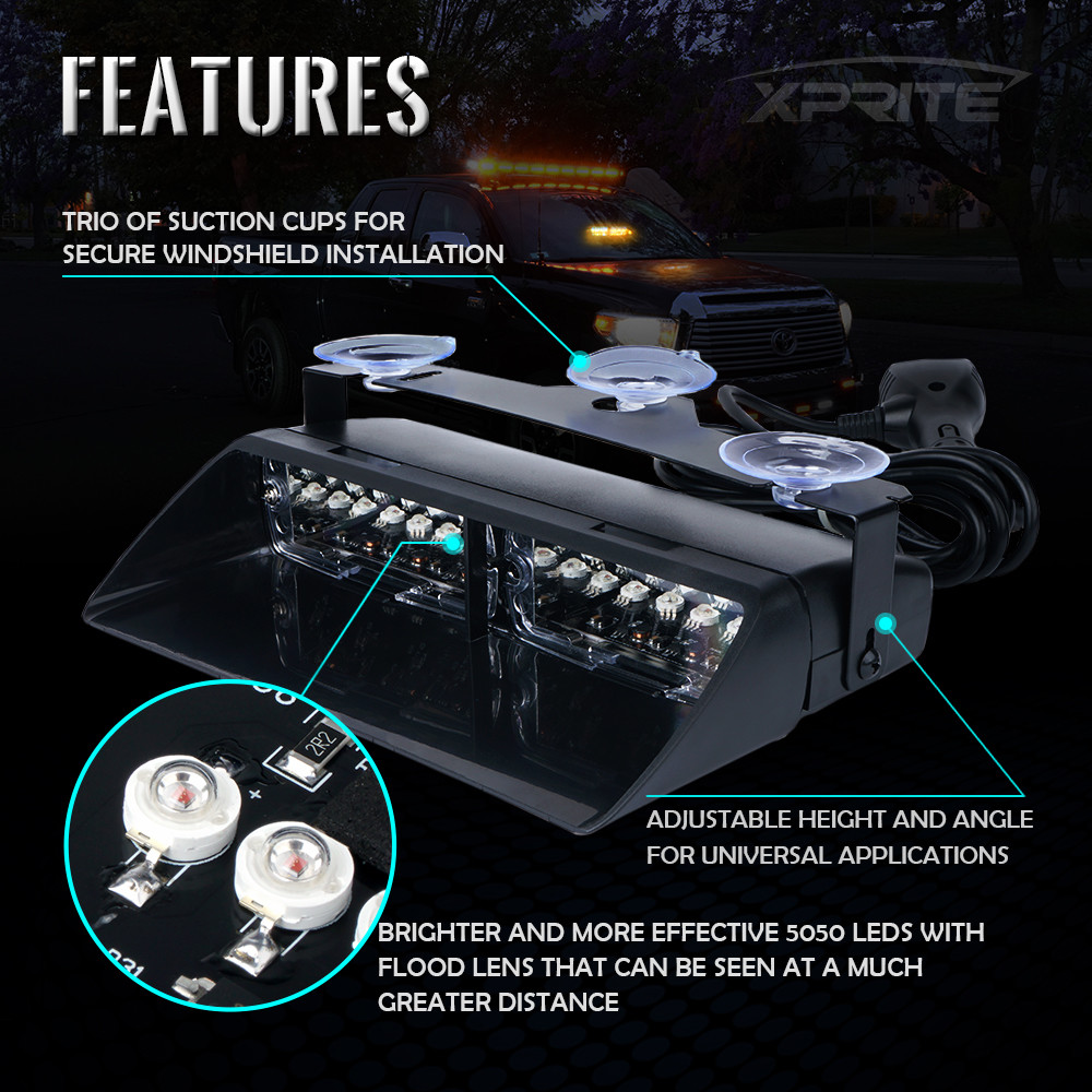 Xprite Windshield Strobe Light 16 LED Emergency Warning Hazard Flash Car Trucks