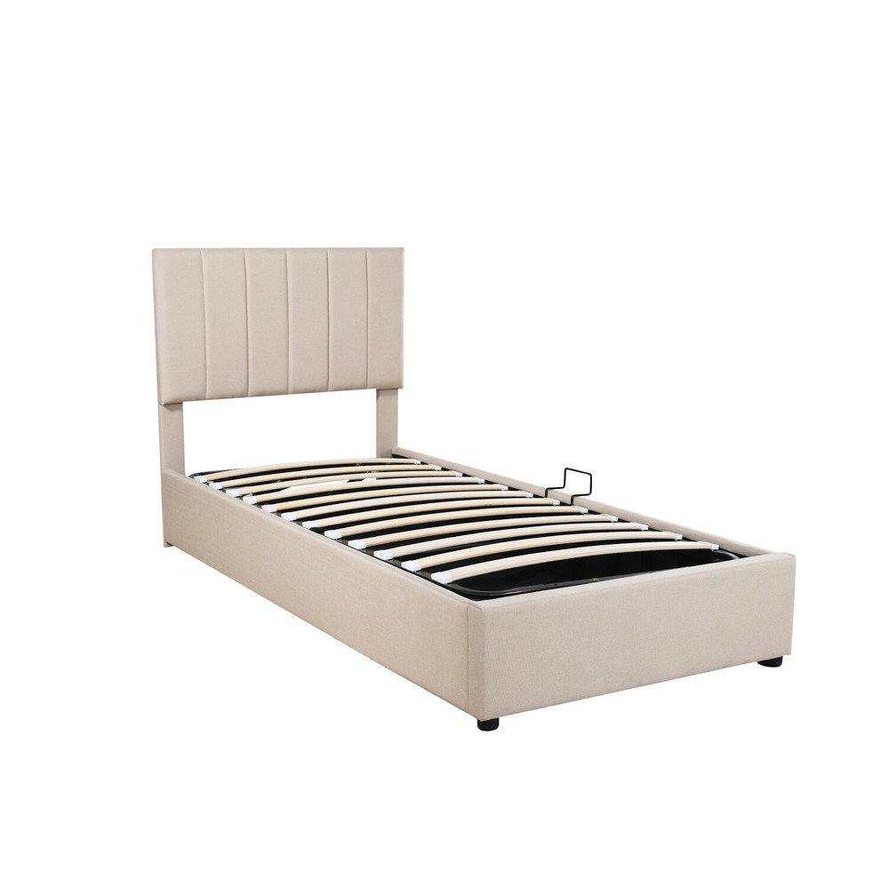 Twin Size Linen Upholstered Platform Bed with Hydraulic Storage System Beige