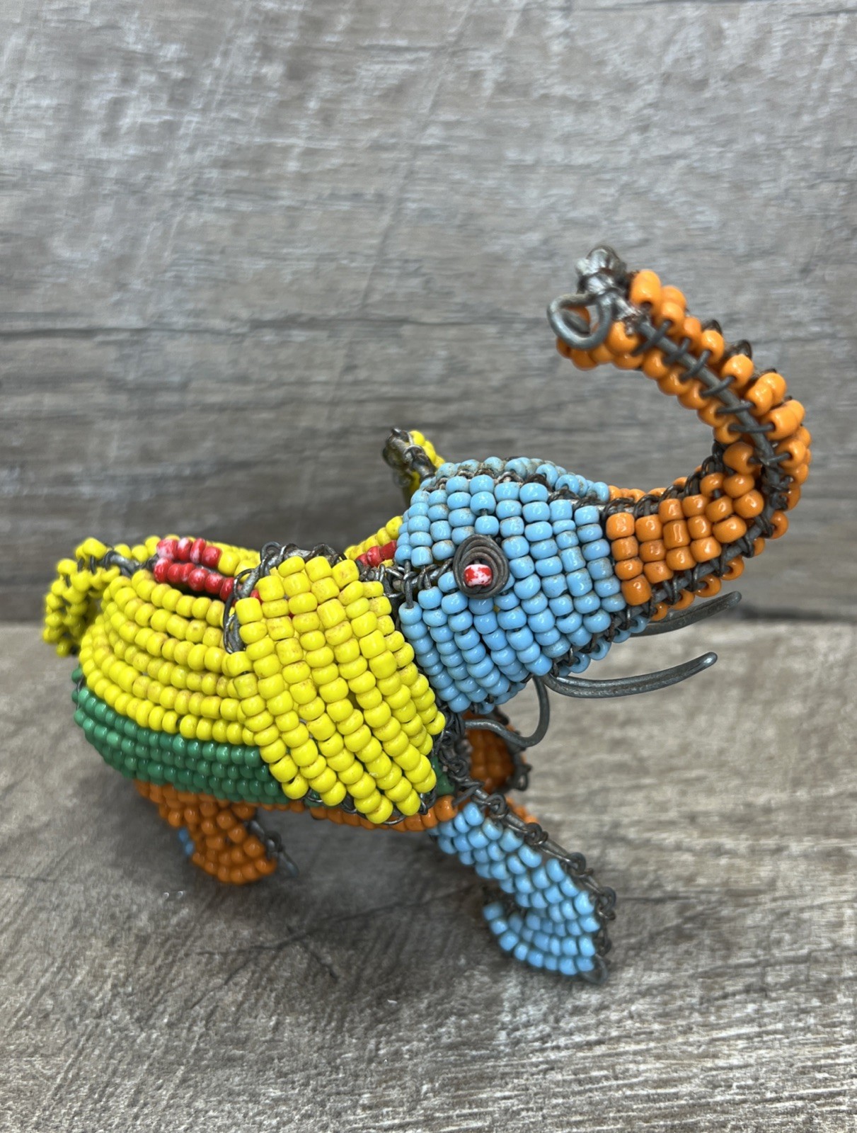 Handcrafted Elephant Beaded Wire Sculpture with Trunk Up for Good Luck Sculpture