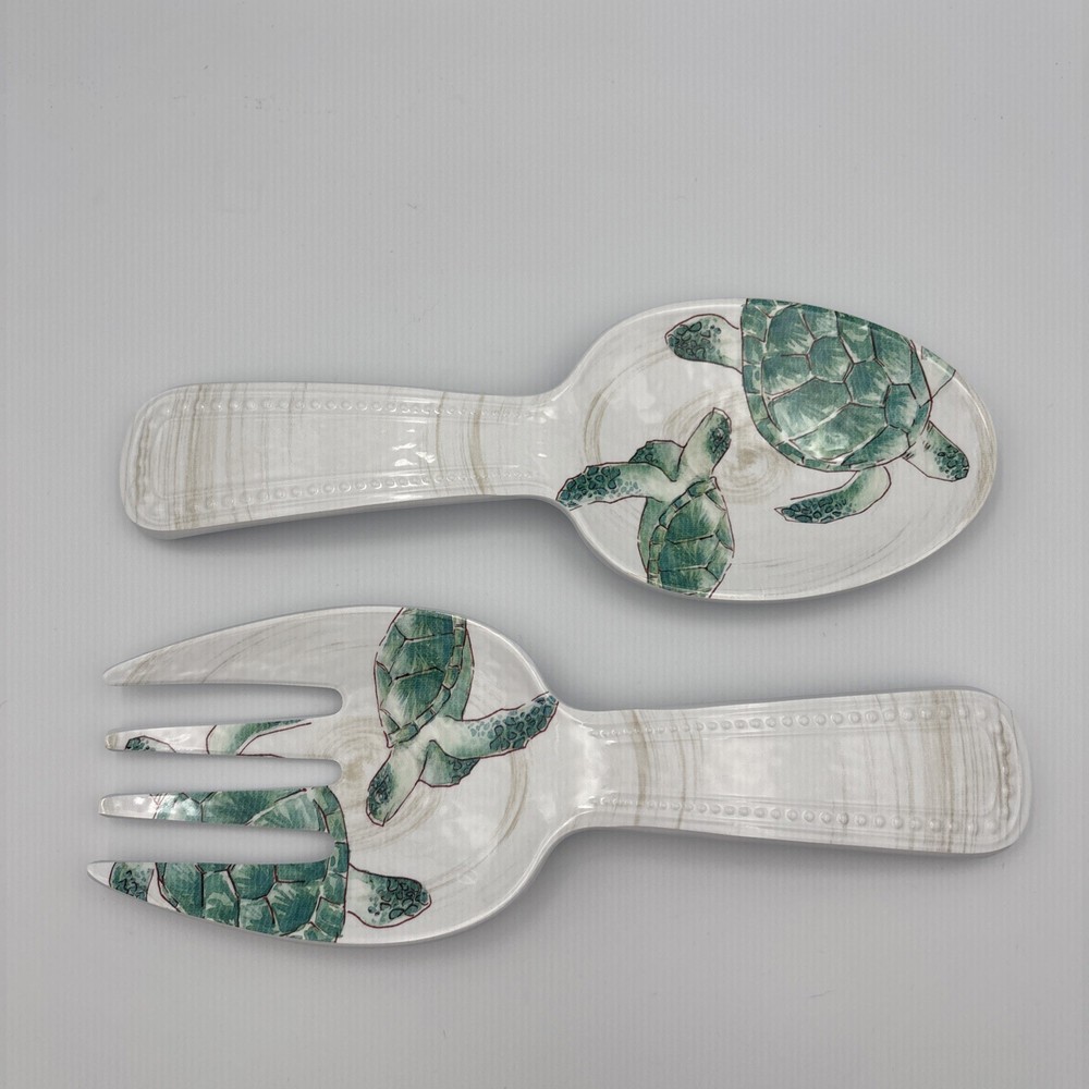 Tommy Bahama Turtle Melamine Salad Serving Fork & Spoon Set 10.5”