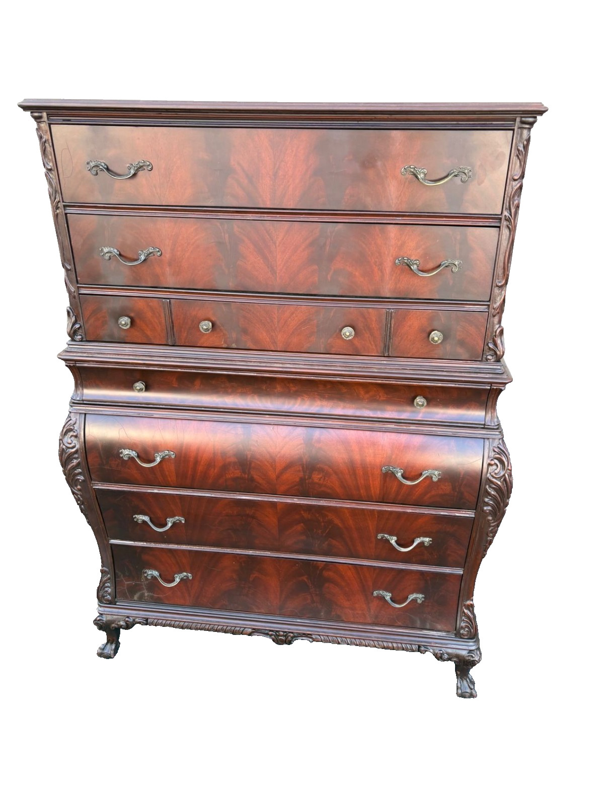 67492 Flame Mahogany Carved High Chest with Ornate Detailing