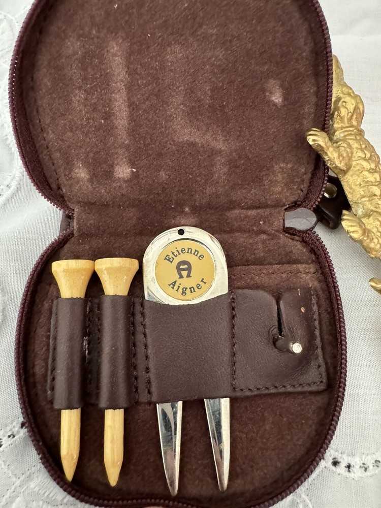 Etienne Aigner Leather Golf Ball & Tee Brown Leather Case