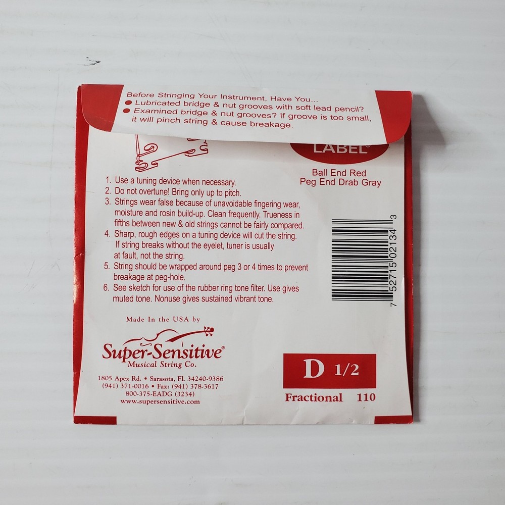 Super Sensitive Red Label Violin String D 1/2 Size SS2134 New