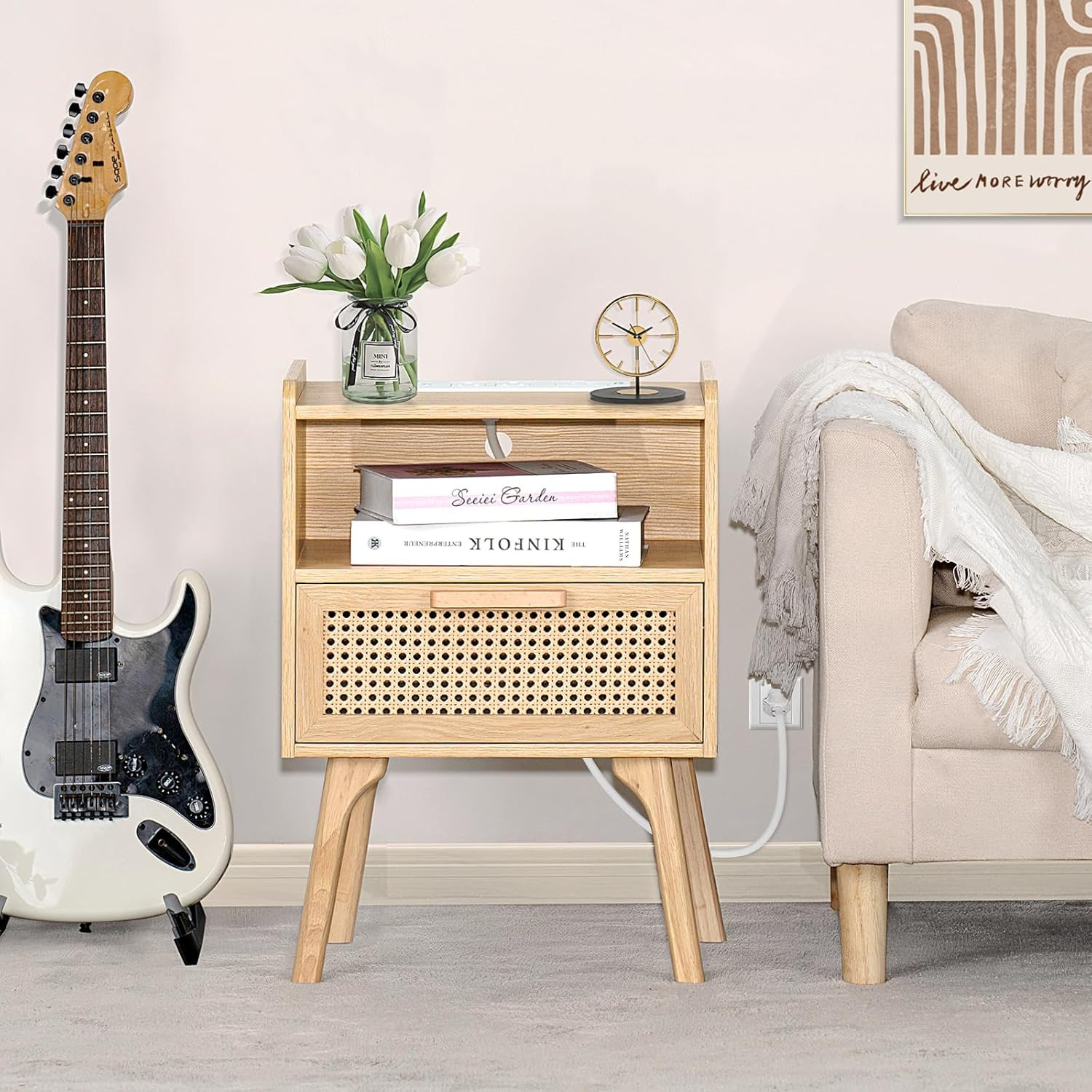 Rattan Nightstand with Charging Station, Boho Side Table with Drawer Open Shelf,