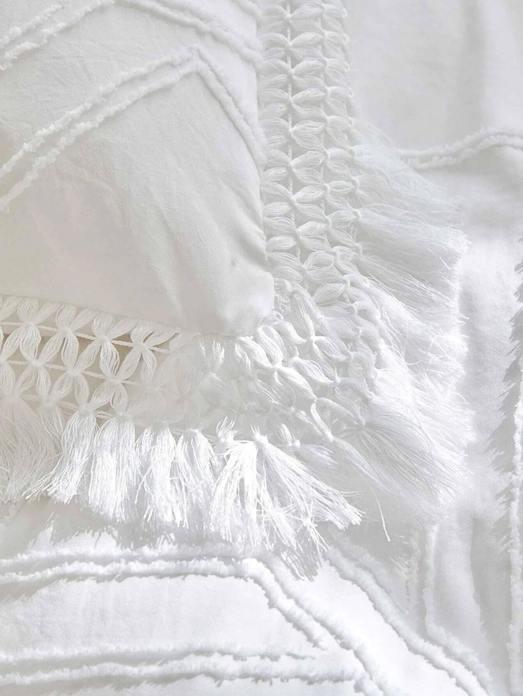Boho Chic Queen Comforter Set - White Tufted Tassel Microfiber Bedding 3Pc