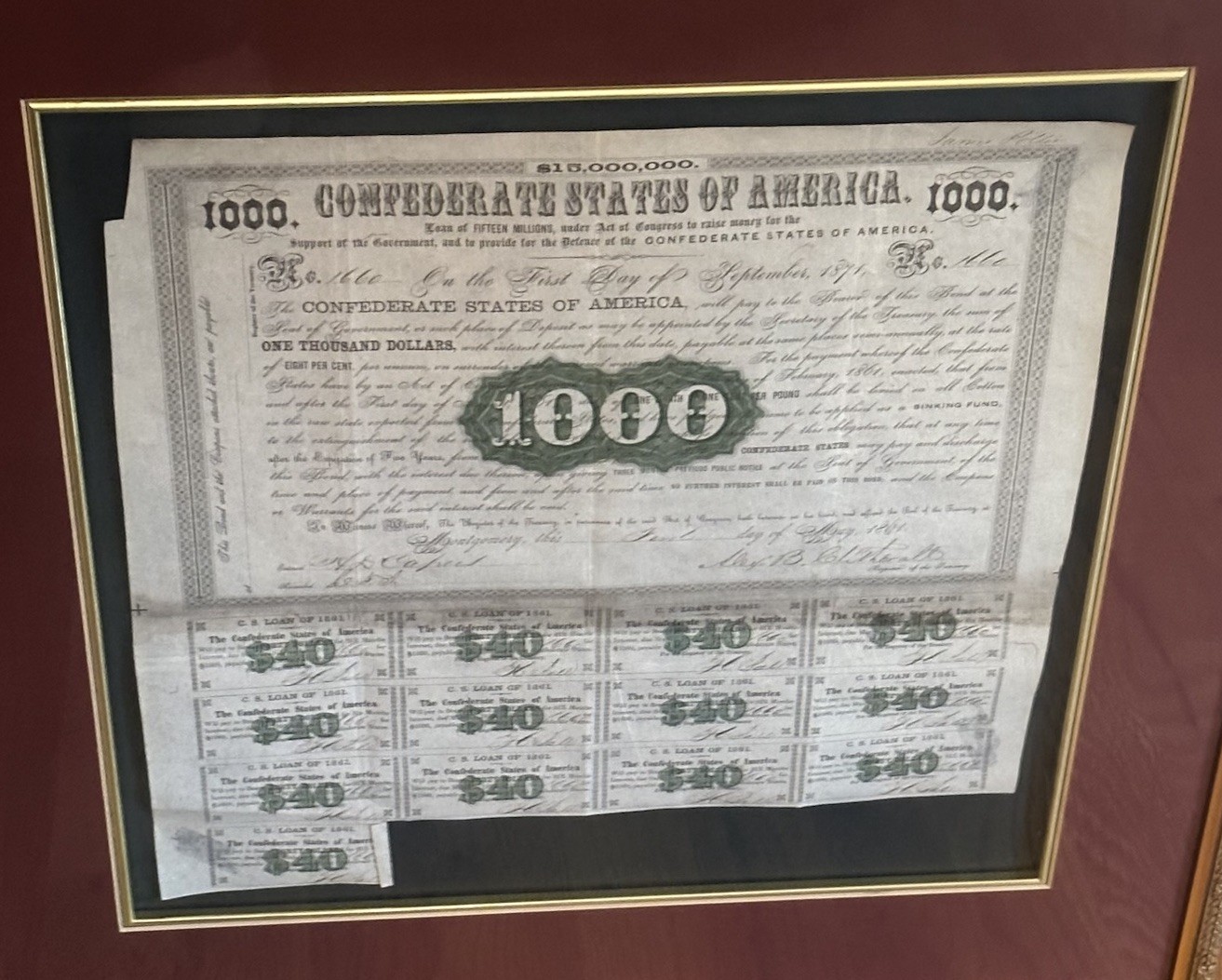 Framed CSA Confederate States of America $1000 Civil War Loan Bonds, 1861