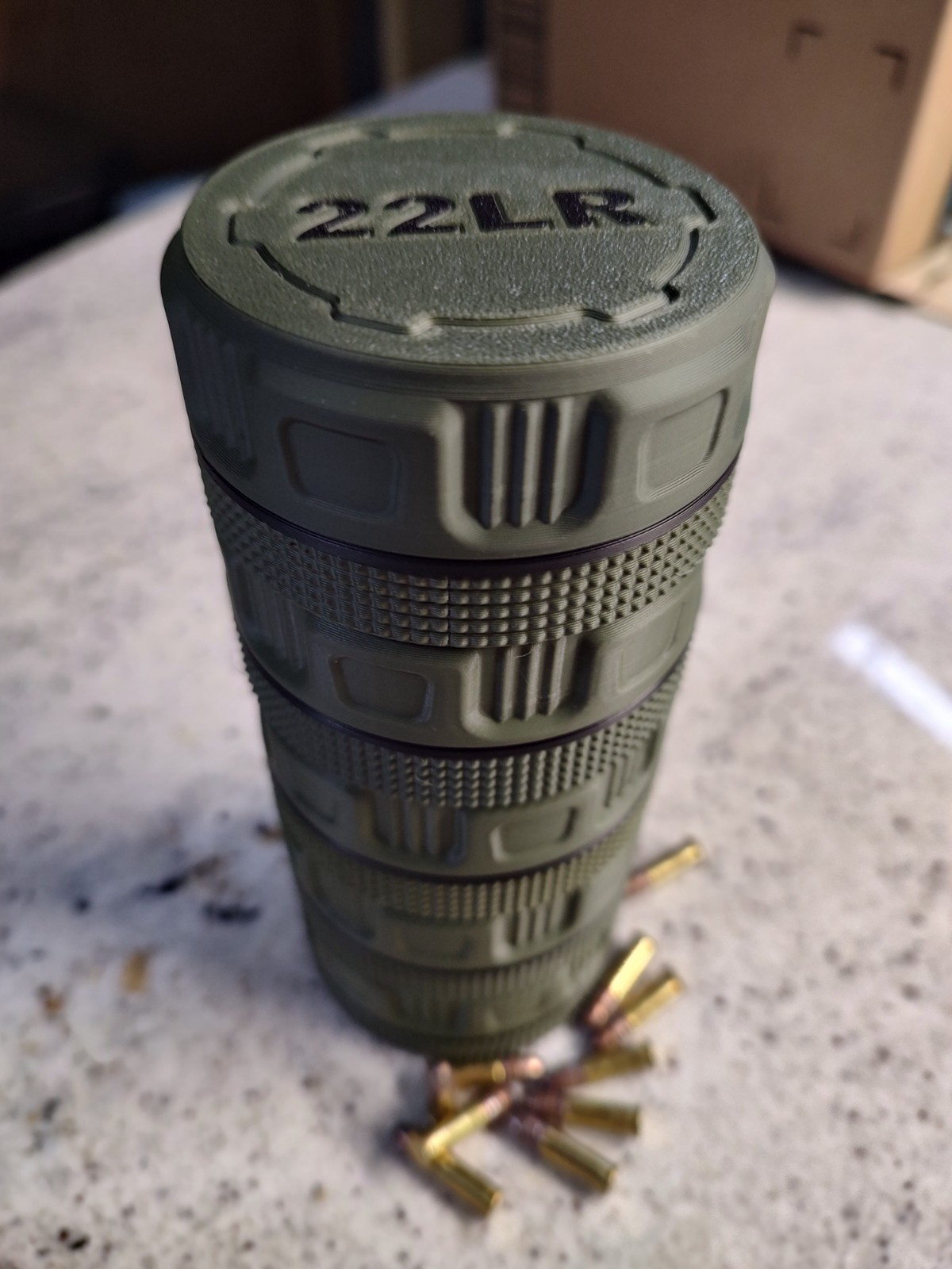 5-22 LR cartridge Mini Ammo Box, Stackable. Holds 55 Rounds ea. Screw on Lid.