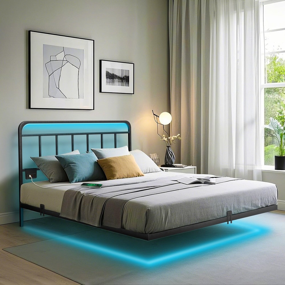 Floating Full Size Platform Bed Frame with LED Lights & Charging Station - In...
