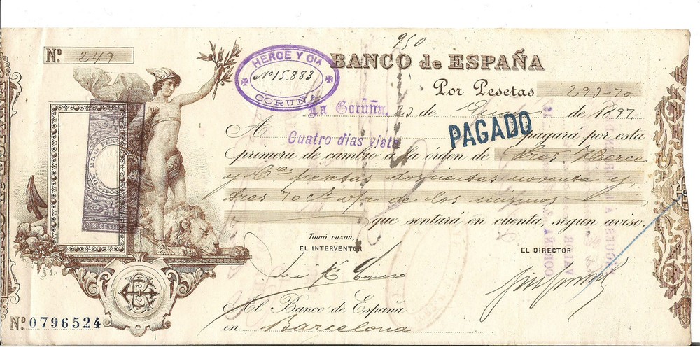 SPAIN, BANCO de ESPANA cheque, 1897