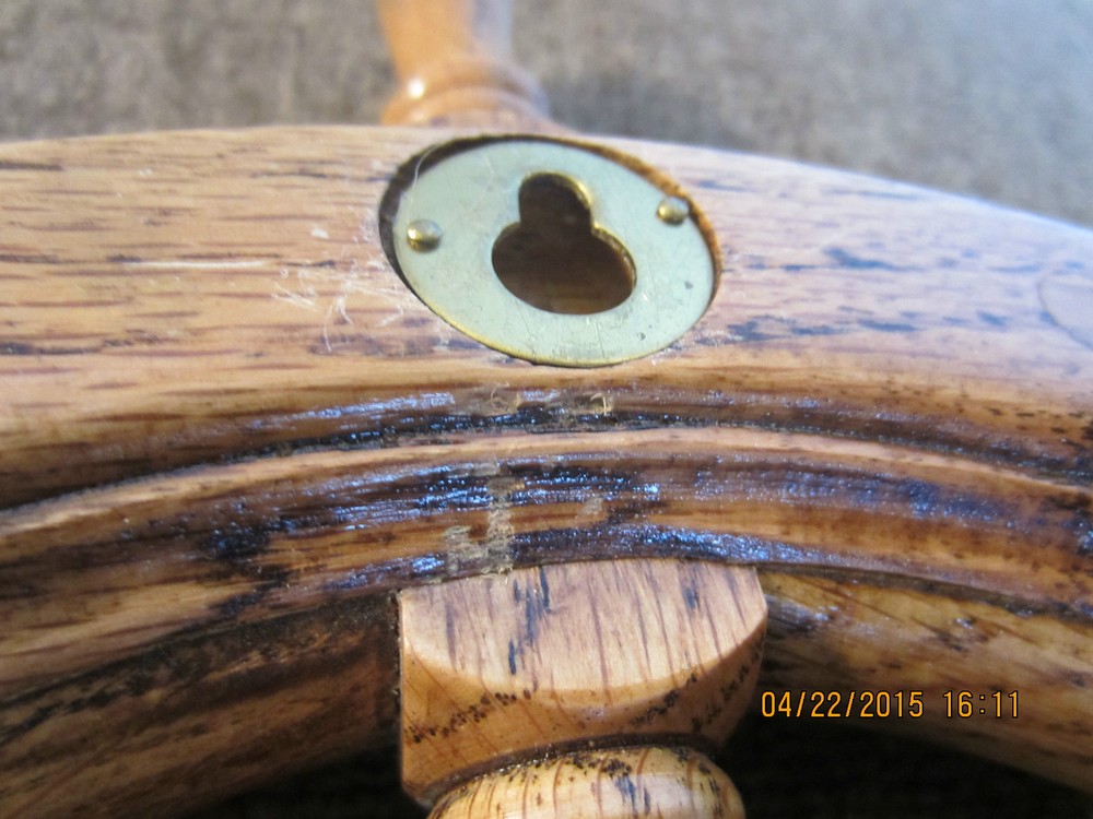 NAUTICAL, OAK SHIP'S WHEEL, WITH BRASS CLOCK