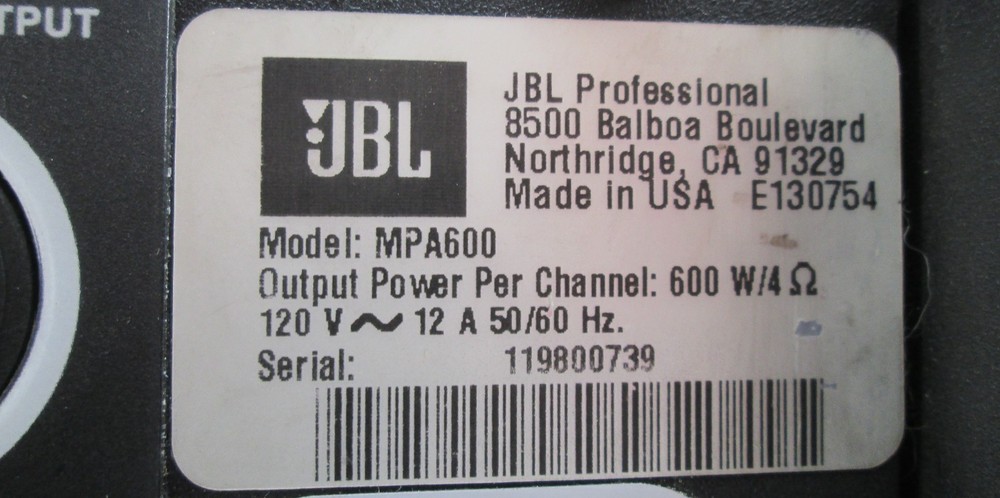 JBL MPA600 MPA Series Professional Power Amplifier