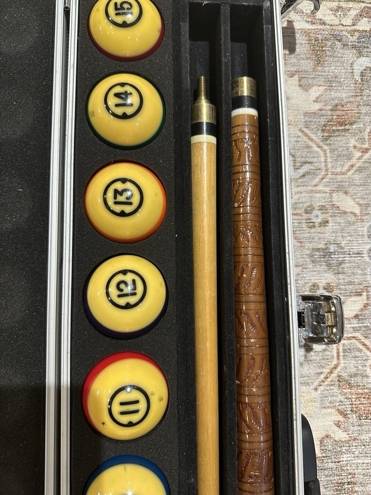 Brunswick Centennial Pool Balls Set With Aramith Case And 2 Schlitz Pool Sticks