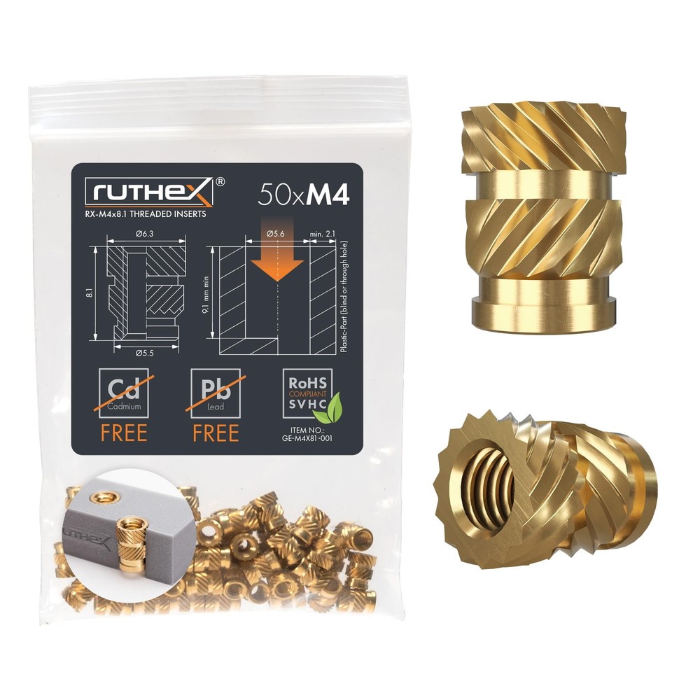 ruthex M4 Threaded Inserts - 50 Pieces M4x8.1 (50pcs), Metric Insert