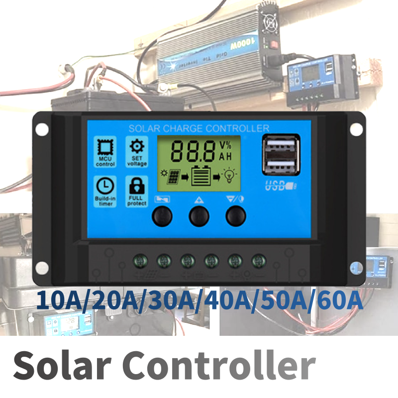 10A/20A/30A/40A/50A/60A PV Solar Charge Controller USB & LCD Display Regulator