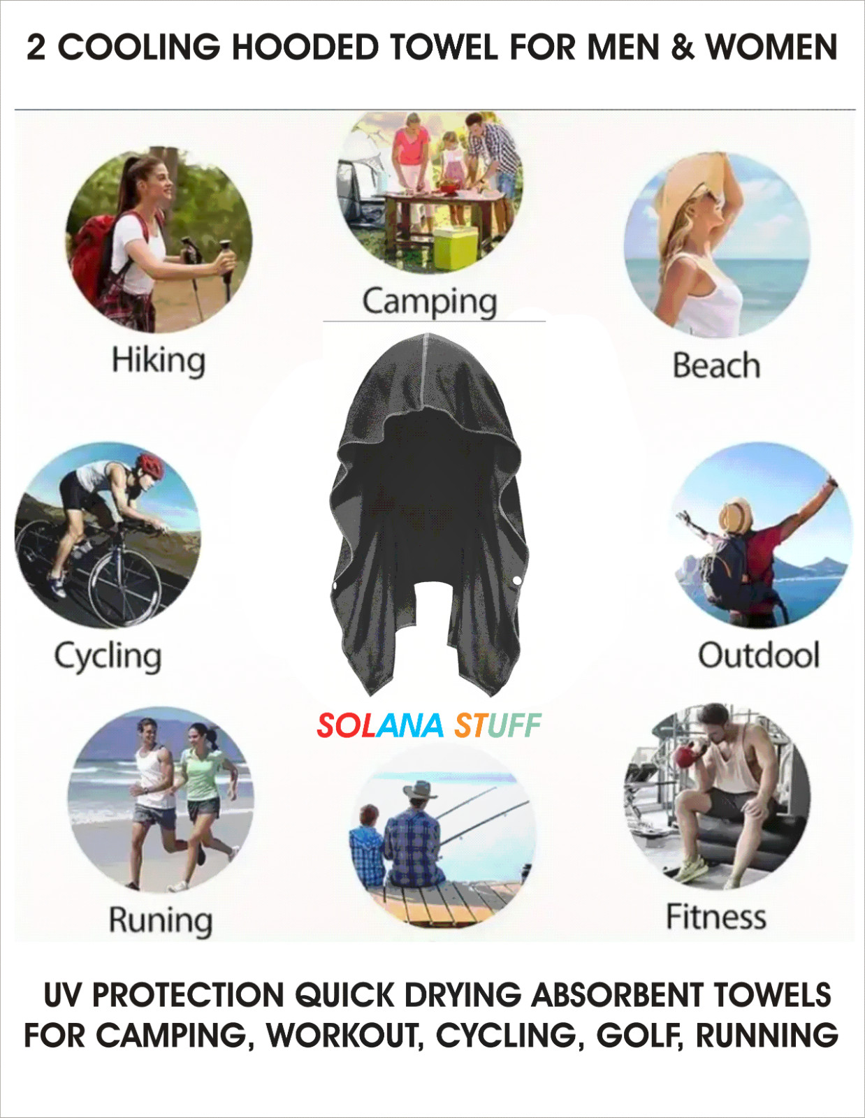 2 Cooling Hoodie Towel, Quick Dry Breathable Neck Wraps Microfiber BLACK