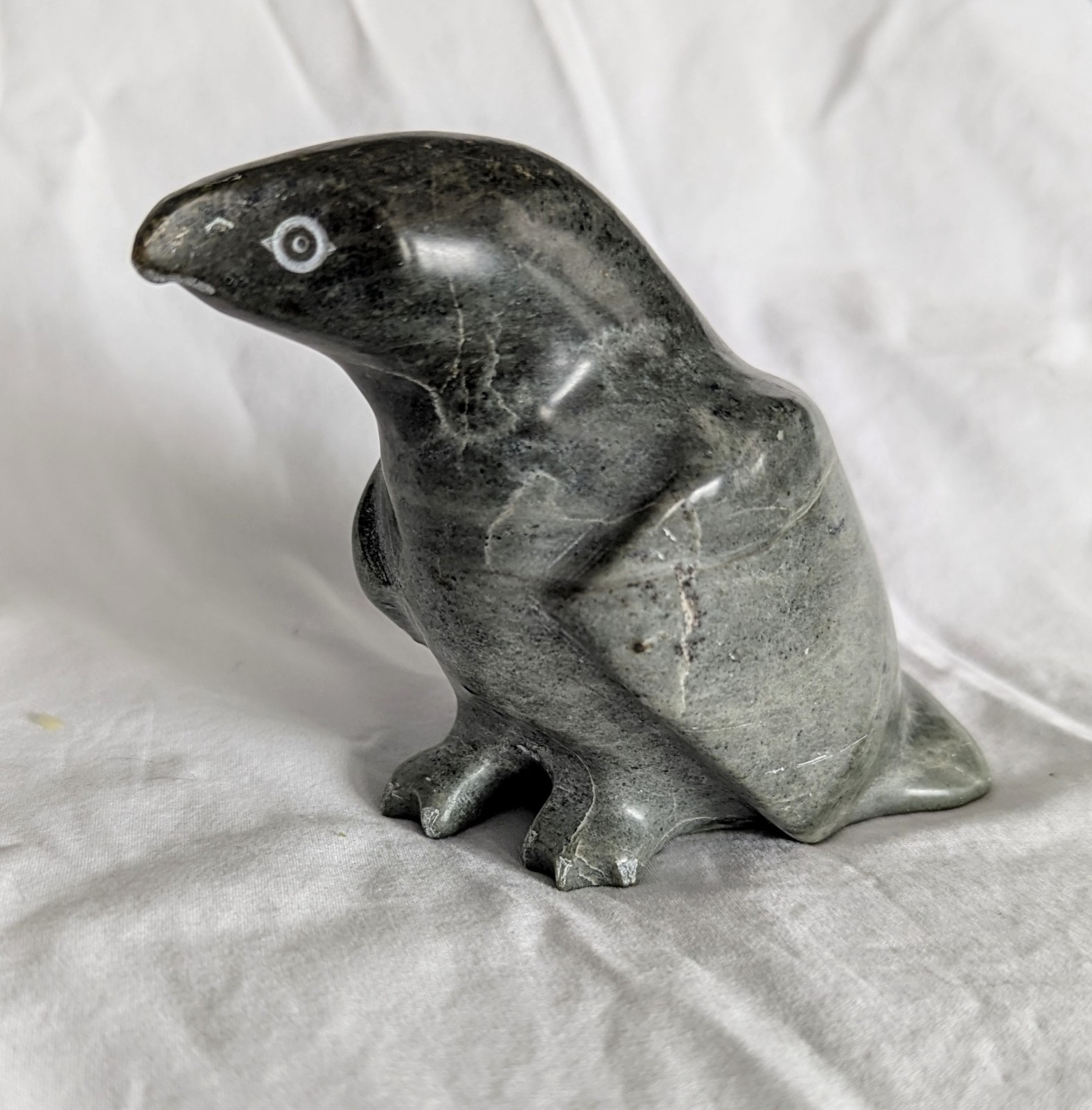 WINNIE EYAITUK Inuit Eskimo GREEN Soapstone BIRD Carving Canada 1988