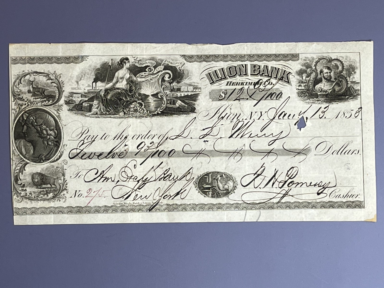 Pre Civil War 1853 ILION BANK HERKIMER COUNTY NEW YORK CHECK L L Merry Grocer