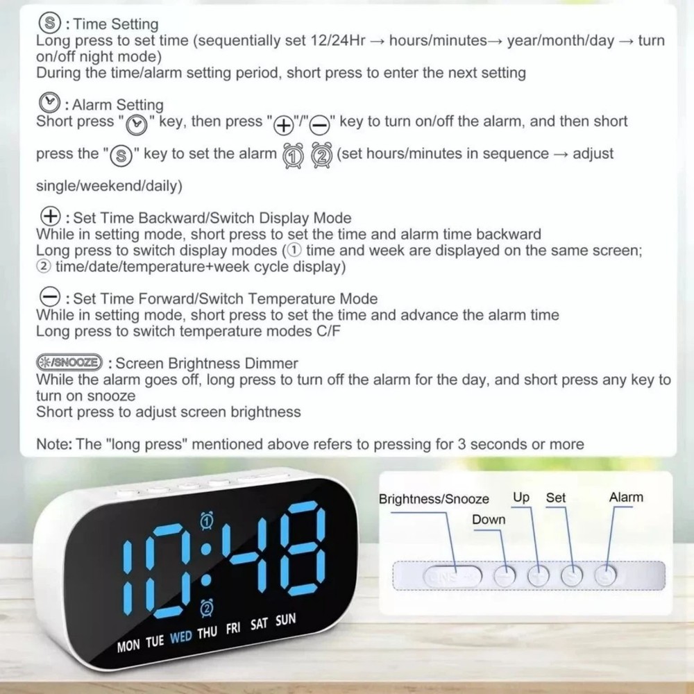 White Large LED Display Electric Digital Alarm Clock With Snooze Function