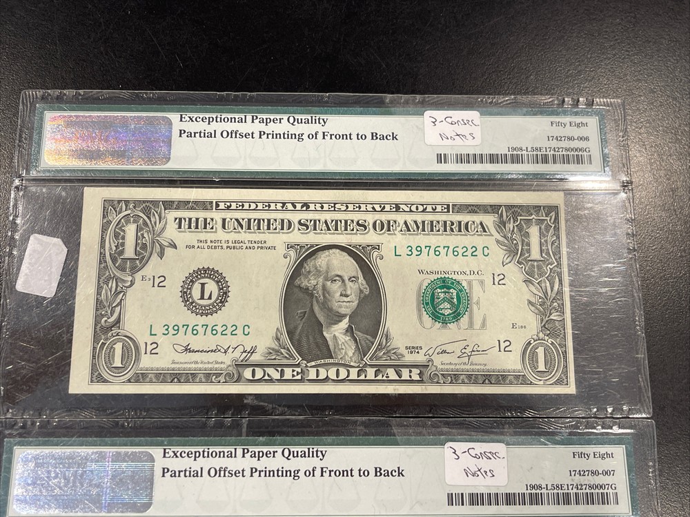 3x Error PMG 58 EPQ FRN $1 Consecutive Serial Notes 1974