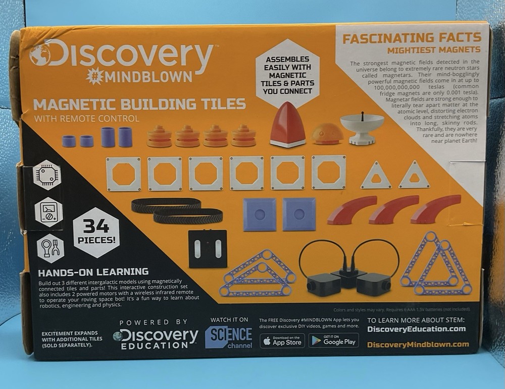Discovery Mindblown MAGNETIC BUILDING TILES STEM SET, 34 Pcs, Remote Control