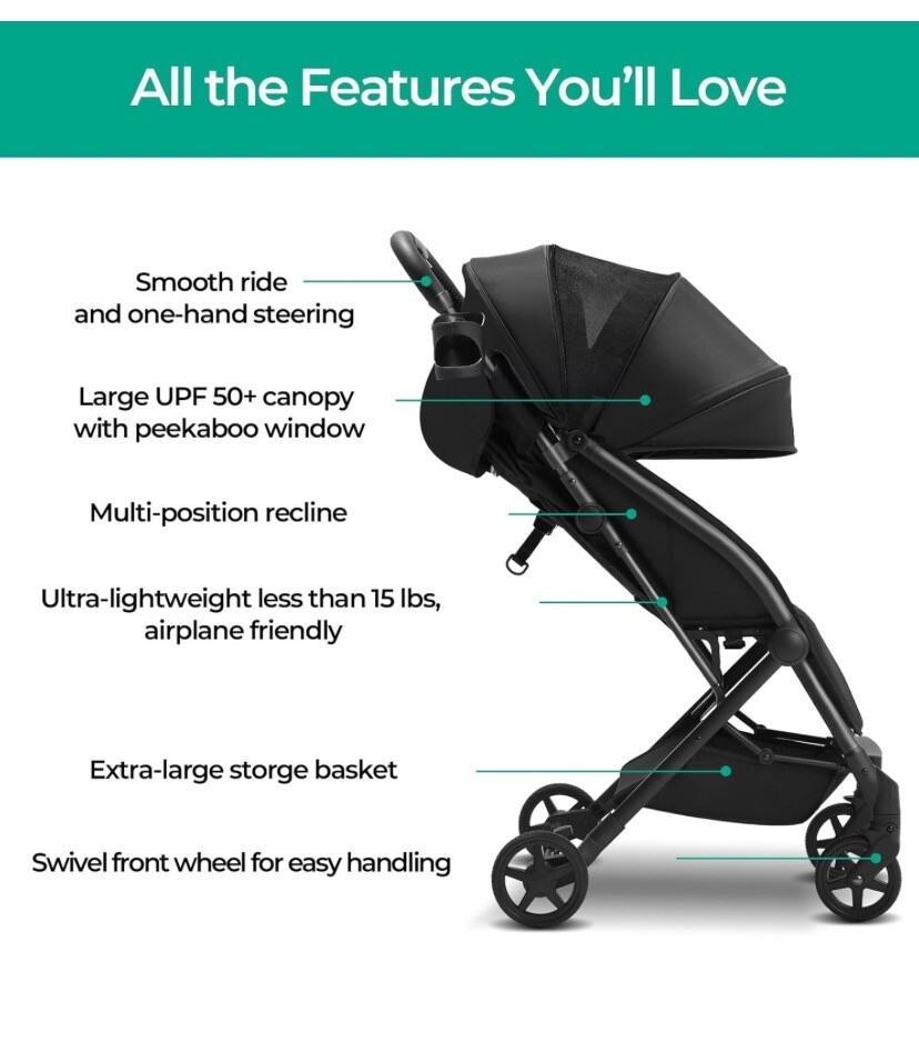 Mompush Lithe Compact and Lightweight One-Hand Foldable Travel Stroller &...