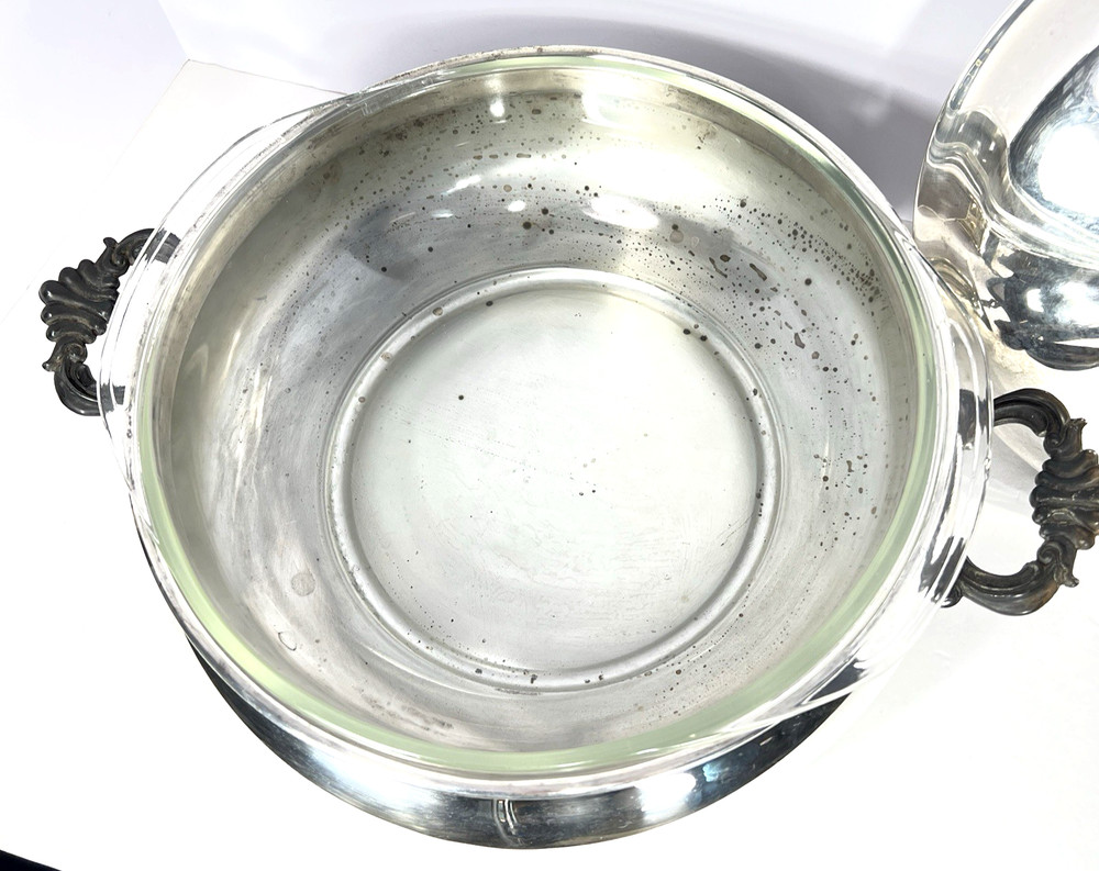 VTG Rogers Silverplate Footed Lidded Casserole Dish & 3.5QT Pyrex Glass Insert