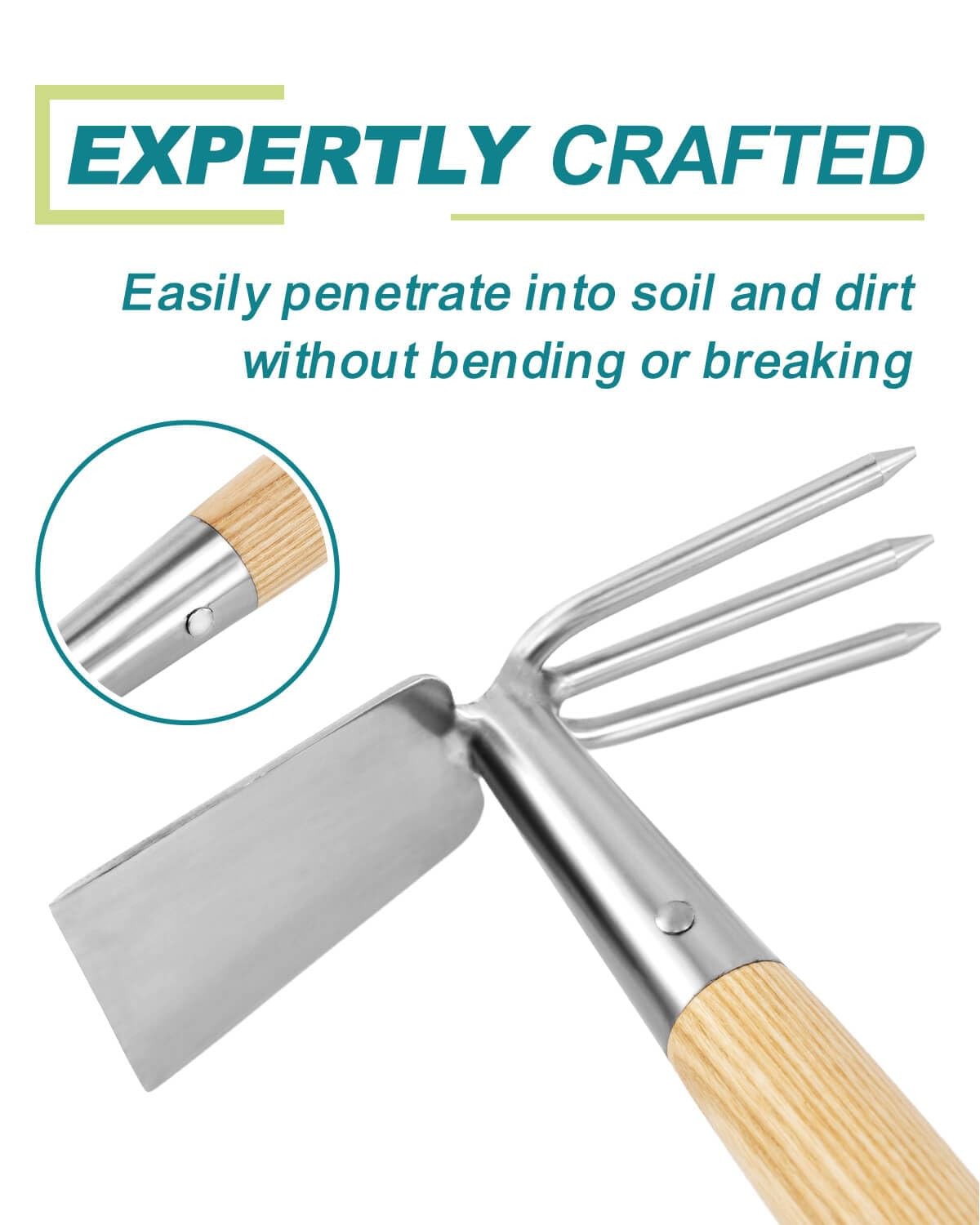 Hoe and Cultivator Garden Rake Hand Tiller Tool Wood Handle Double Sided Cult...