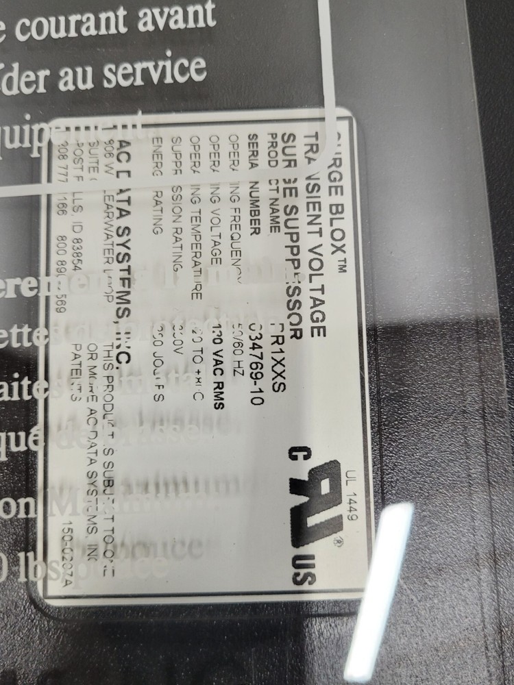 AC DATA SYSTEMS TRANSIENT VOLTAGE SURGE SUPPRESSOR 120/240 B82XSA