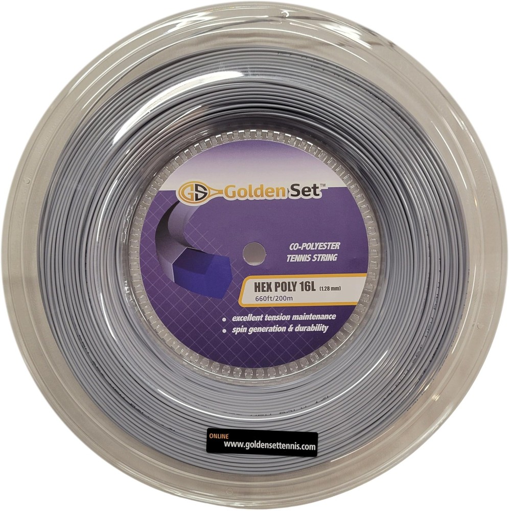 Hex Poly 16L (1.28mm), Reel (660ft/200m), Polyester Tennis String (Silver)