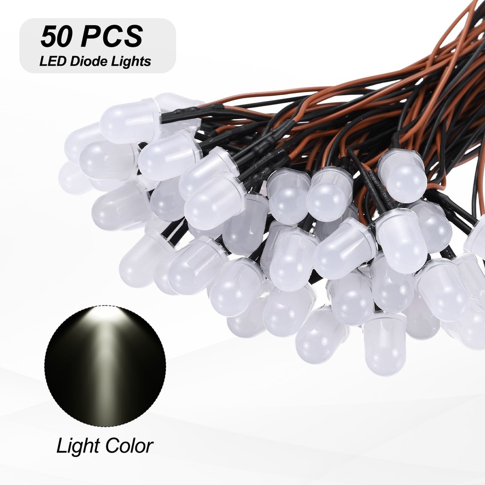 50pcs 10mm LED Diode Lights, Warm White Light DC 12V for Electronics