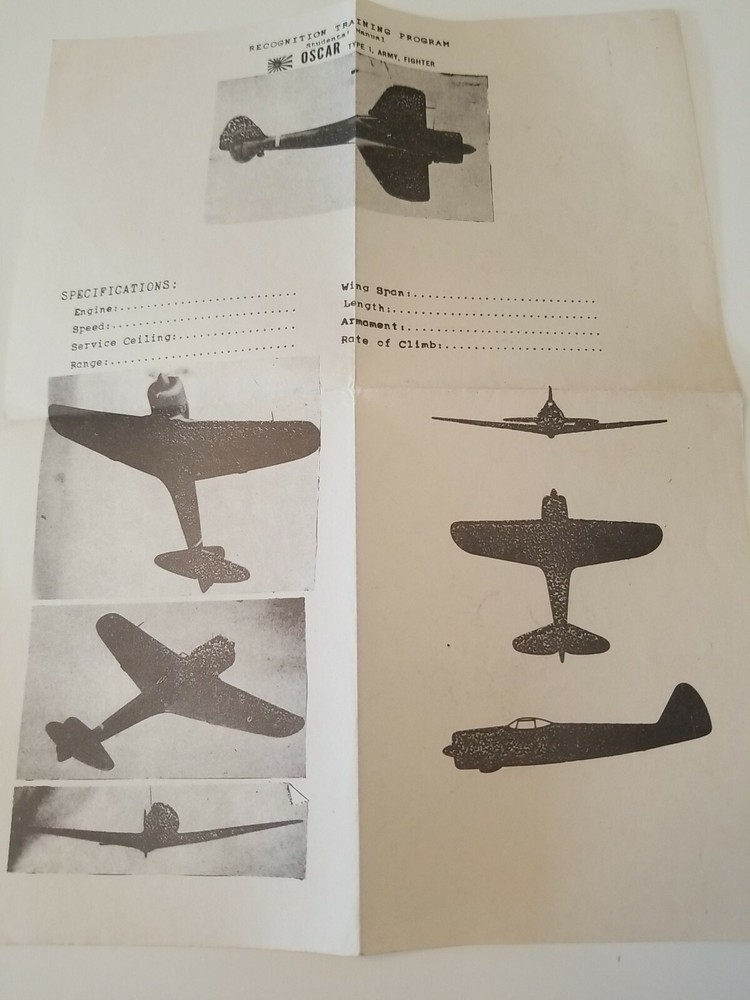 WW2 Recognition Training Program Japanese OSCAR Identification Paper Type 1 Army