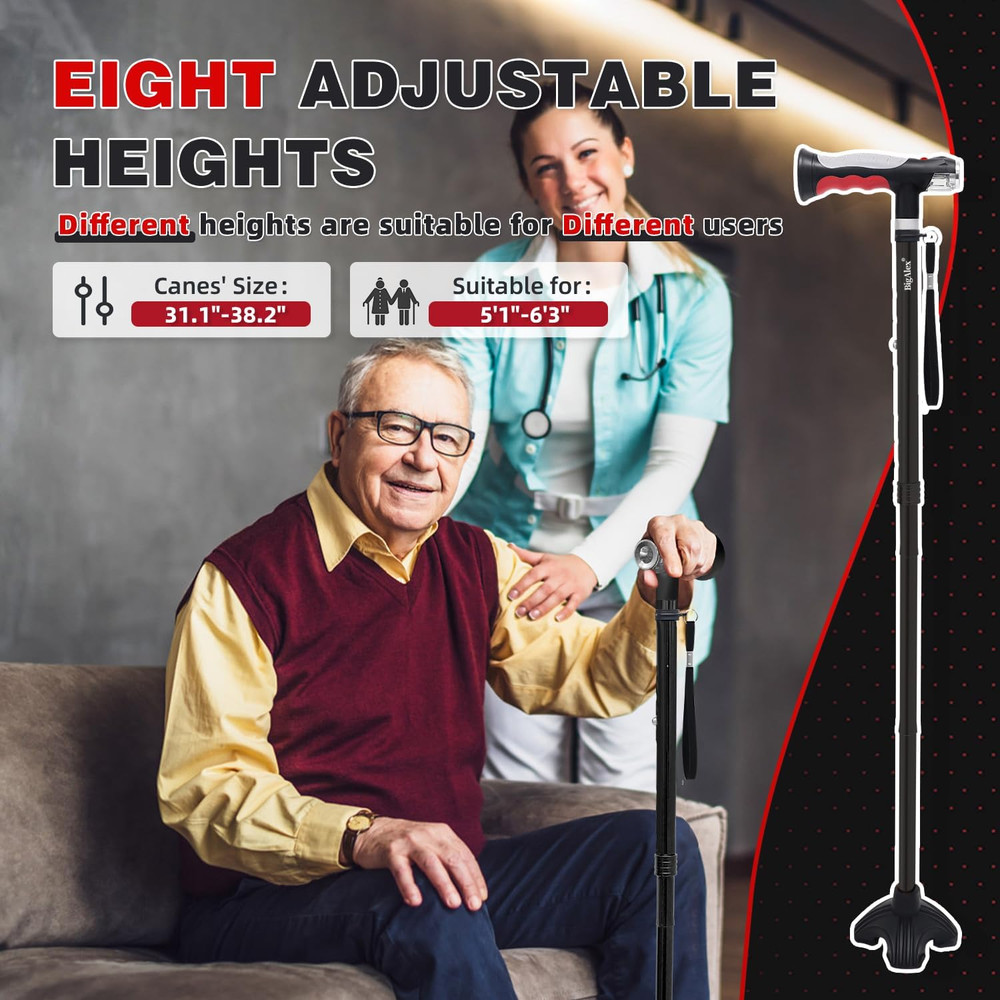 Bigalex Folding Walking Cane with Two Led Lights for Elderly Solid Base Adjustab