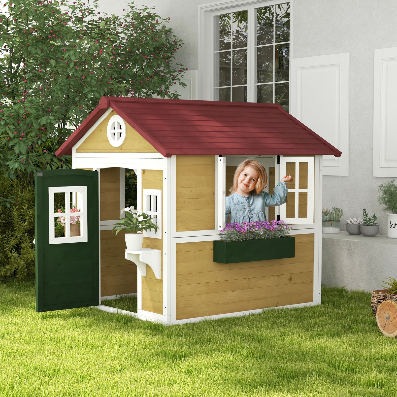 Playhouse for Kids with Doors, Windows, Planter Pots and Boxes