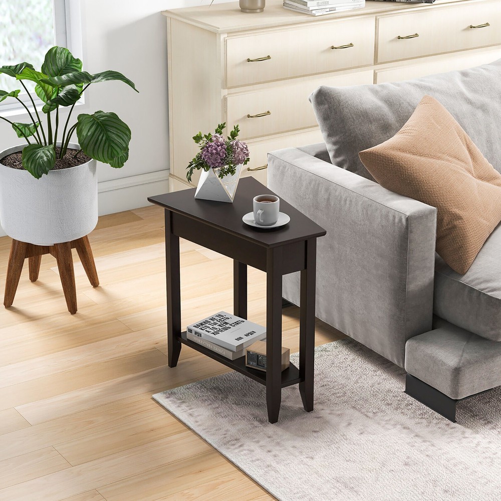 2-Tier End Table Irregular Narrow Sofa Side Nightstand w/ Storage Shelf Espresso