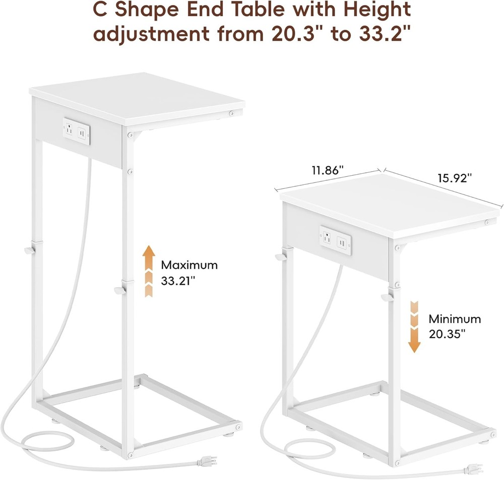 C Shaped End Table W/ Charging Station Adjustable Height Side Table Couch Small