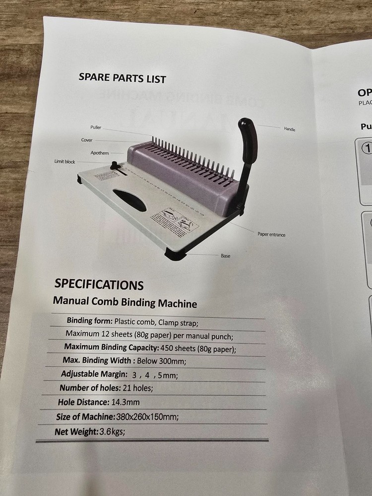 Manual Binding Machine, 21-Hole, 450 Sheets, Comb Binding Machine w/1 Box Combs