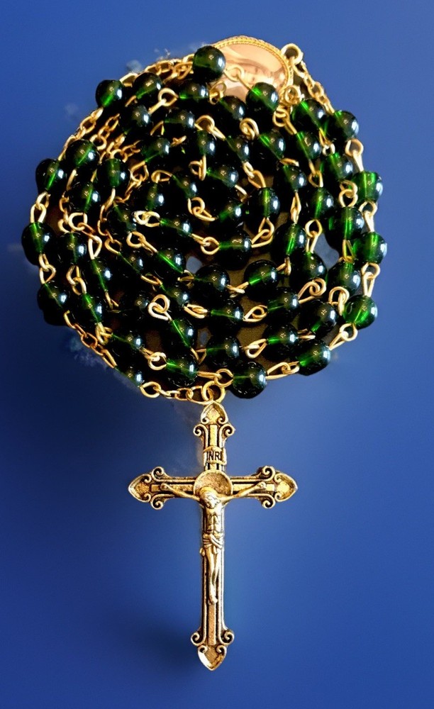 Catholic Fatima I Hope In Thee Green Glass 5 Decade Rosary