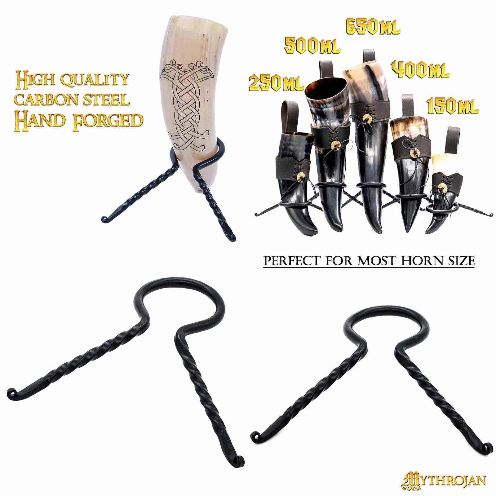Hand Forged Twisted Iron Viking Drinking Horn Stand for Ale Beer Cup Rack Holder