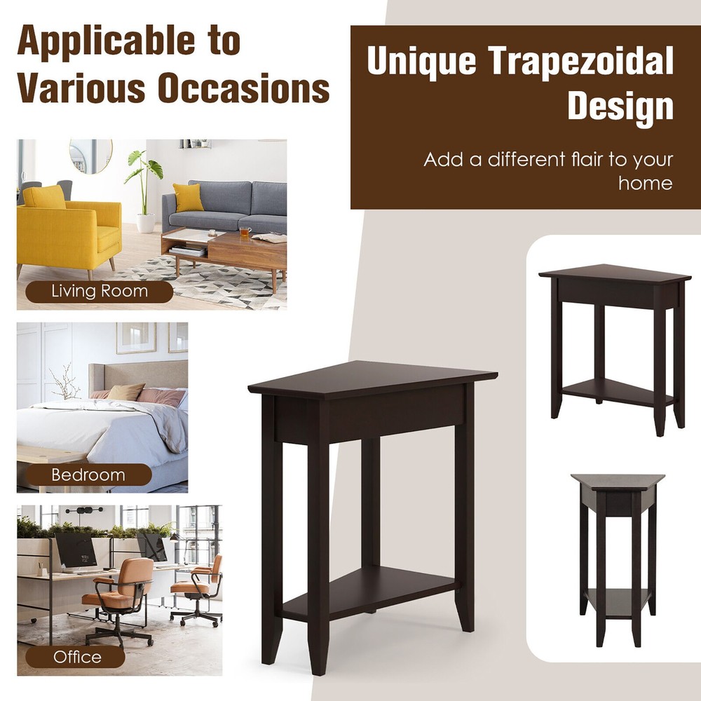 2-Tier End Table Irregular Narrow Sofa Side Nightstand w/ Storage Shelf Espresso