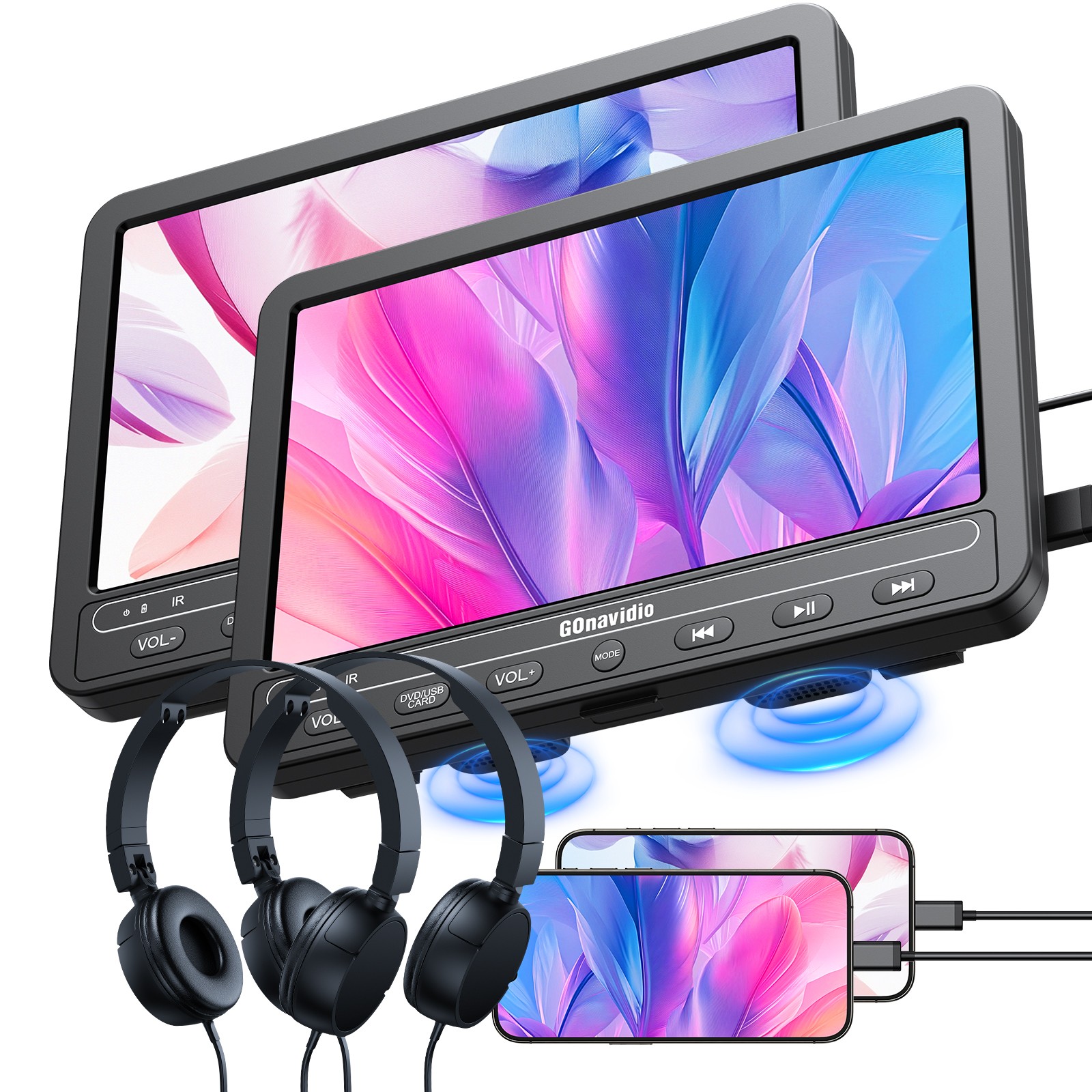 2X10.5" Car Headrest DVD Player TV for Kids Sync Screen HDMI SD USB +Headphones