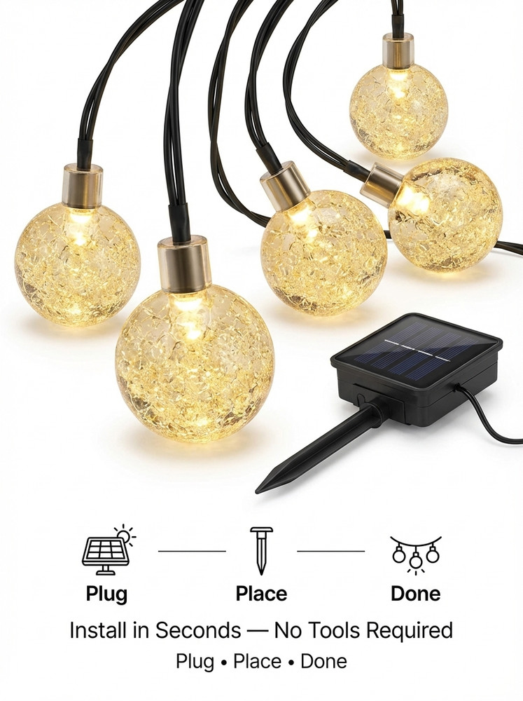 Solar Crystal Globe String Lights 36FT 60 LED Warm White IP65 8 Modes