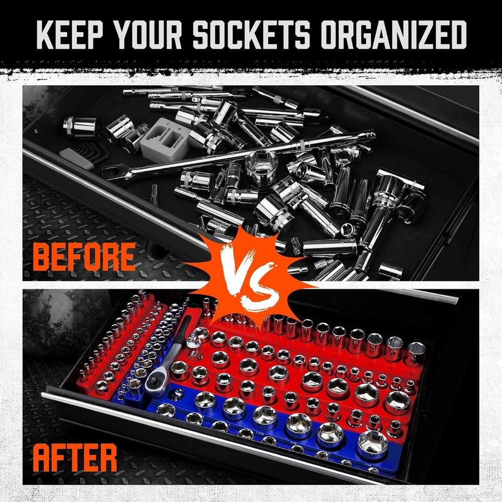 Compact Magnetic Socket Organizer for Tool Drawer with Rubber Surface Protection