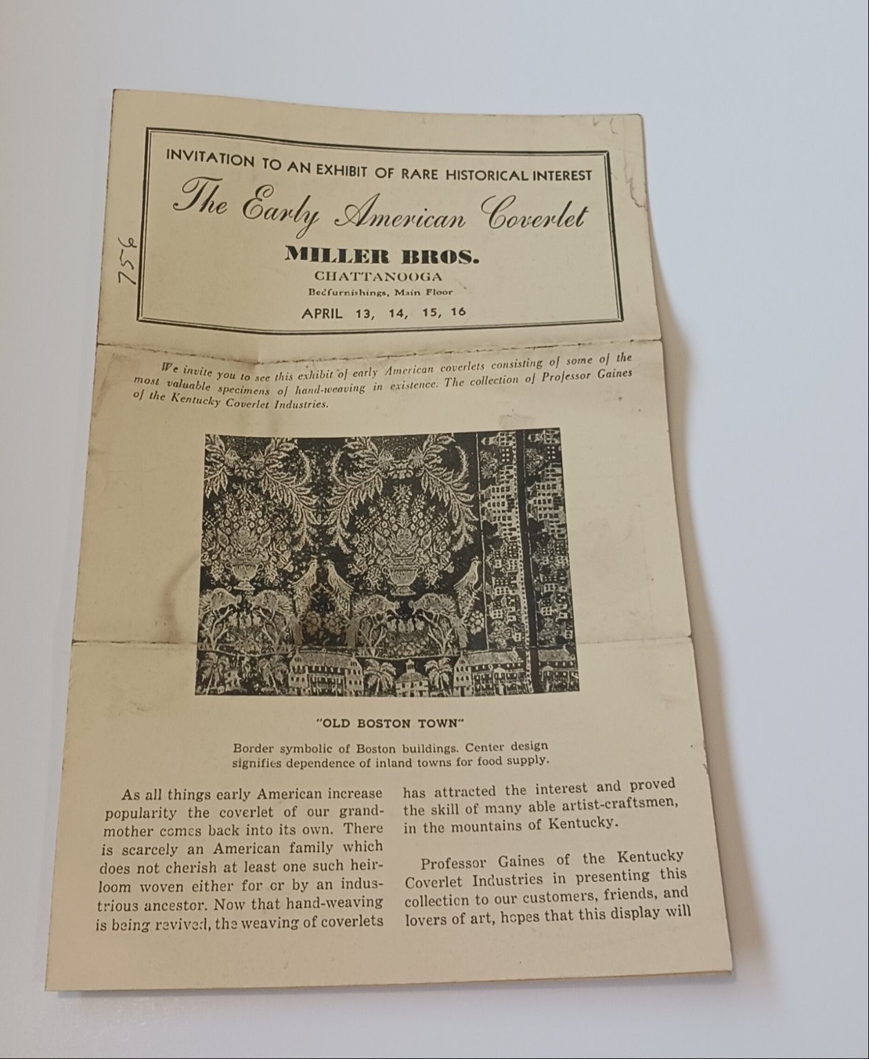 1930s Miller Bros Chattanooga Early American Coverlet Exhibit Invitation Tn