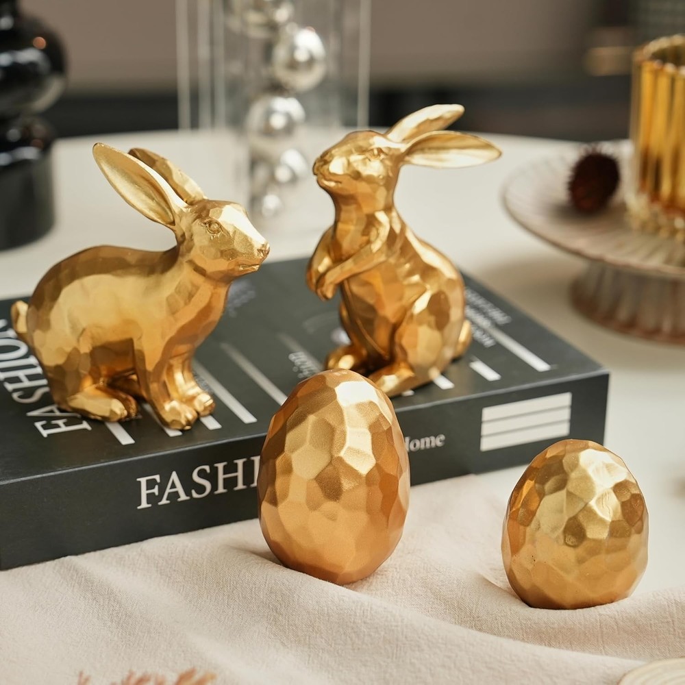 Gold Easter Bunny and Egg Set, 4Pcs Resin Easter Rabbit and Egg Figurines, Small