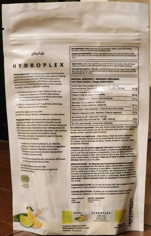 Plexus Hydroplex Electrolyte Drink Mix Lemon Lime New 20 Single Serve Packets