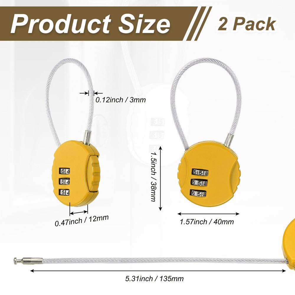 2-Pack Combination Padlock, 3 Digit Round Shaped Cable Luggage Lock [Yellow]