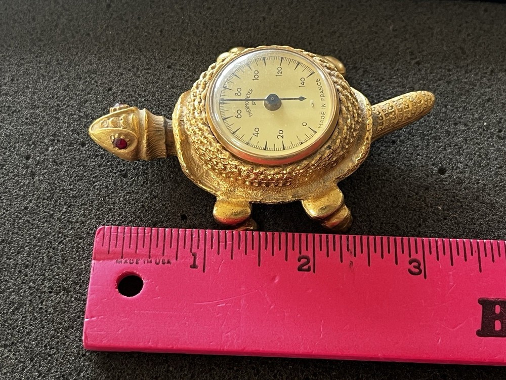 Vintage Moveable Florenza Brass Turtle With Red Ruby Eyes Thermometer Signed