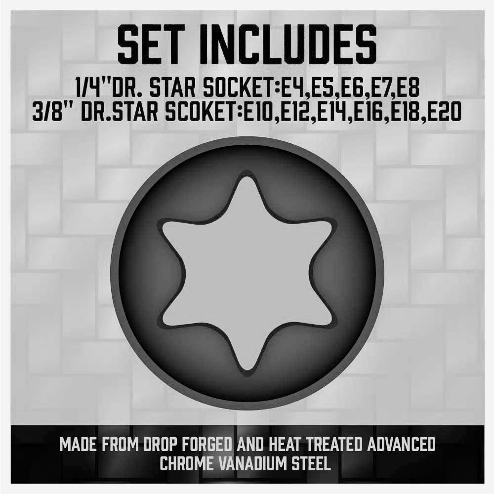 SEDY 11-Piece E-Torx Socket Set E4 E5 E6 E7 E8 E10 E12 E14 E16 E18 E20, Black