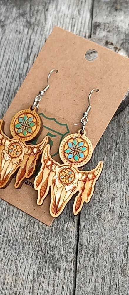 Rustic bull skull dreamcatcher earrings